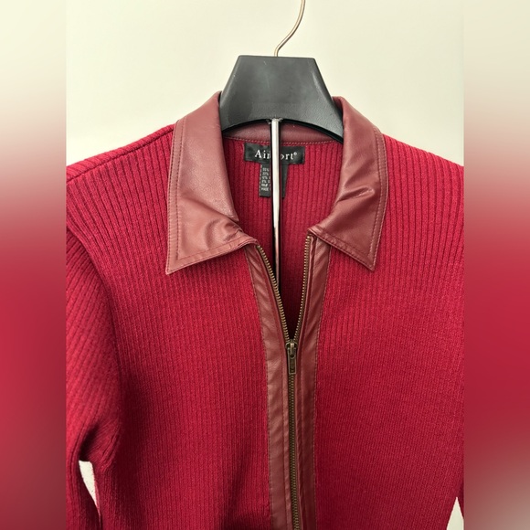 Vintage Burgundy Zip Sweater Jacket. Ribbed Knit with faux Leather Trim. Sz L - Picture 3 of 5